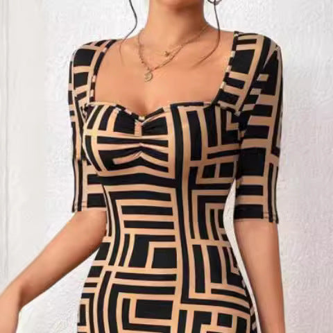 Square Collar Waist-tight Mid-sleeve Dress