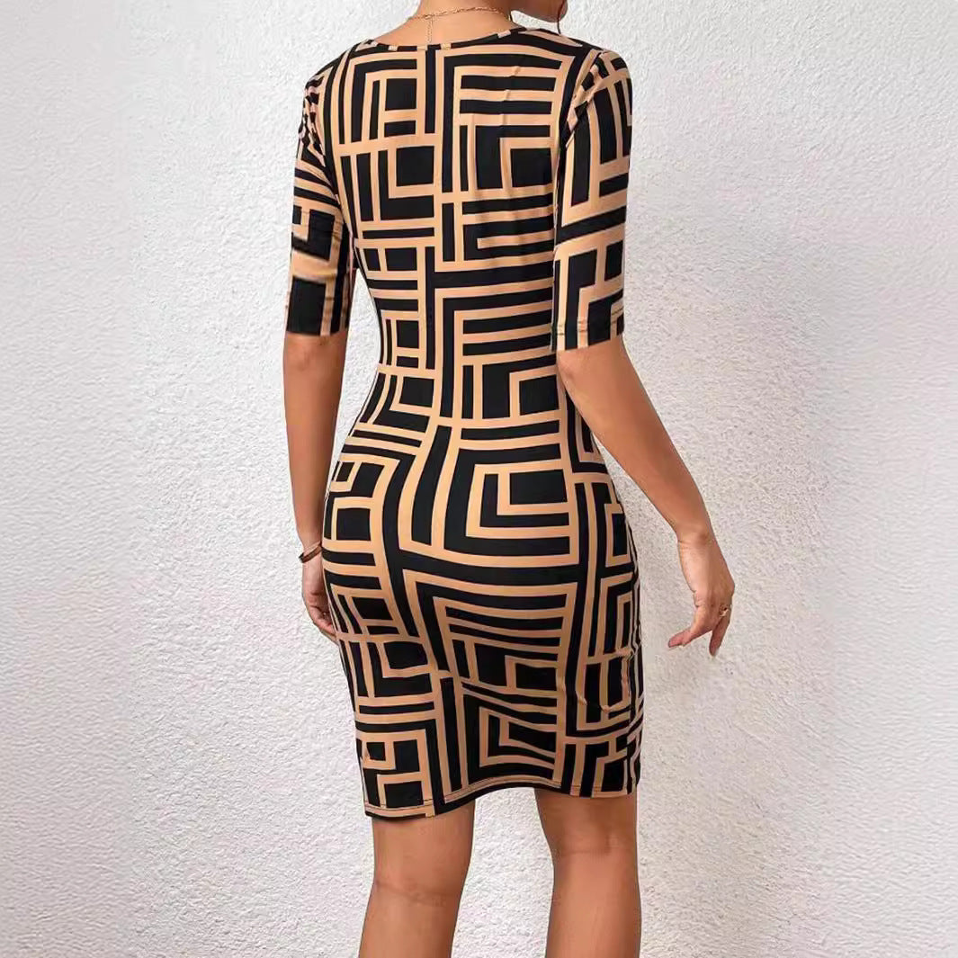 Square Collar Waist-tight Mid-sleeve Dress