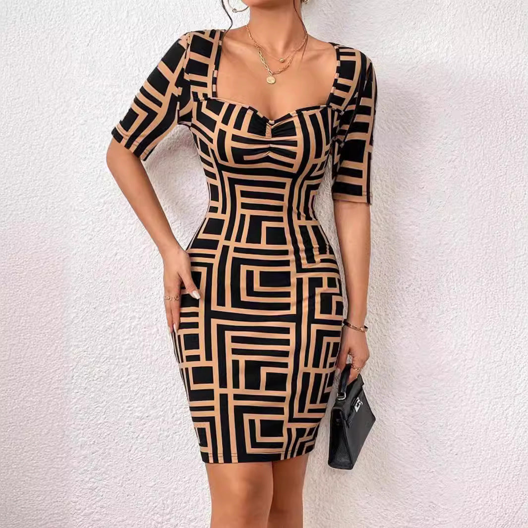 Square Collar Waist-tight Mid-sleeve Dress